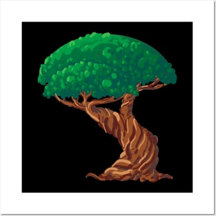 Tree Illustration with Bright Green Foliage and Gnarled Brown Trunk Posters and Art